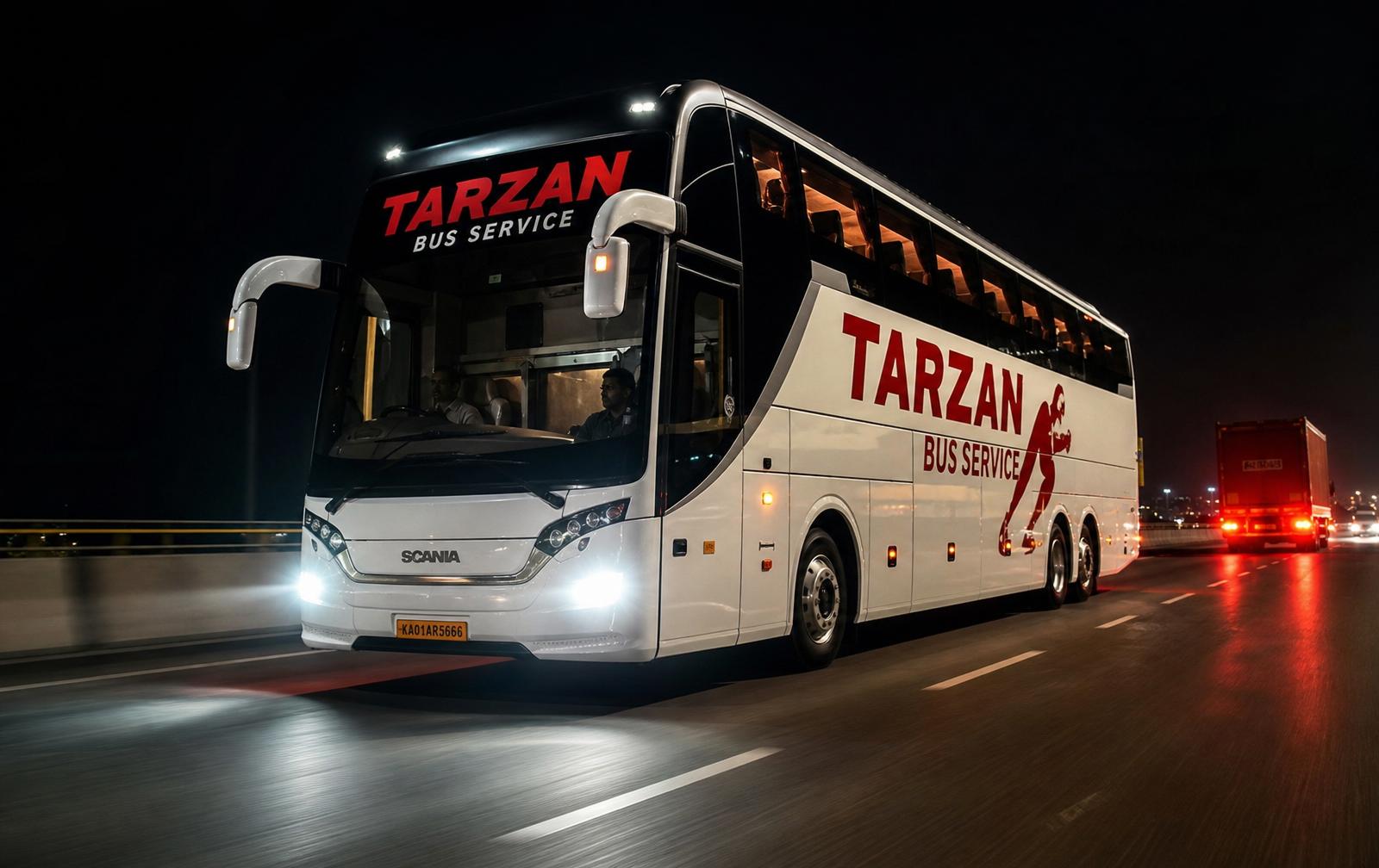Tarzan Bus on highway at night